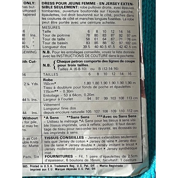 McCalls Sewing pattern 2171 knit mockneck dress long sleeve 1980s size 12 14 - Picture 5 of 5